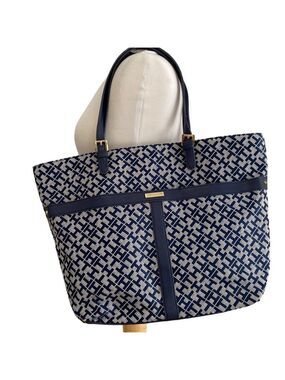 Tommy Hilfiger Navy &White Geometric Tote Bag/purse vegan Leather monogram large